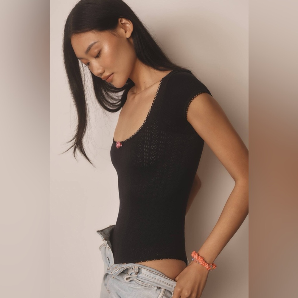 Anthropologie Seamless Pointelle Open Back Bodysuit Black Lace Trim Size Small